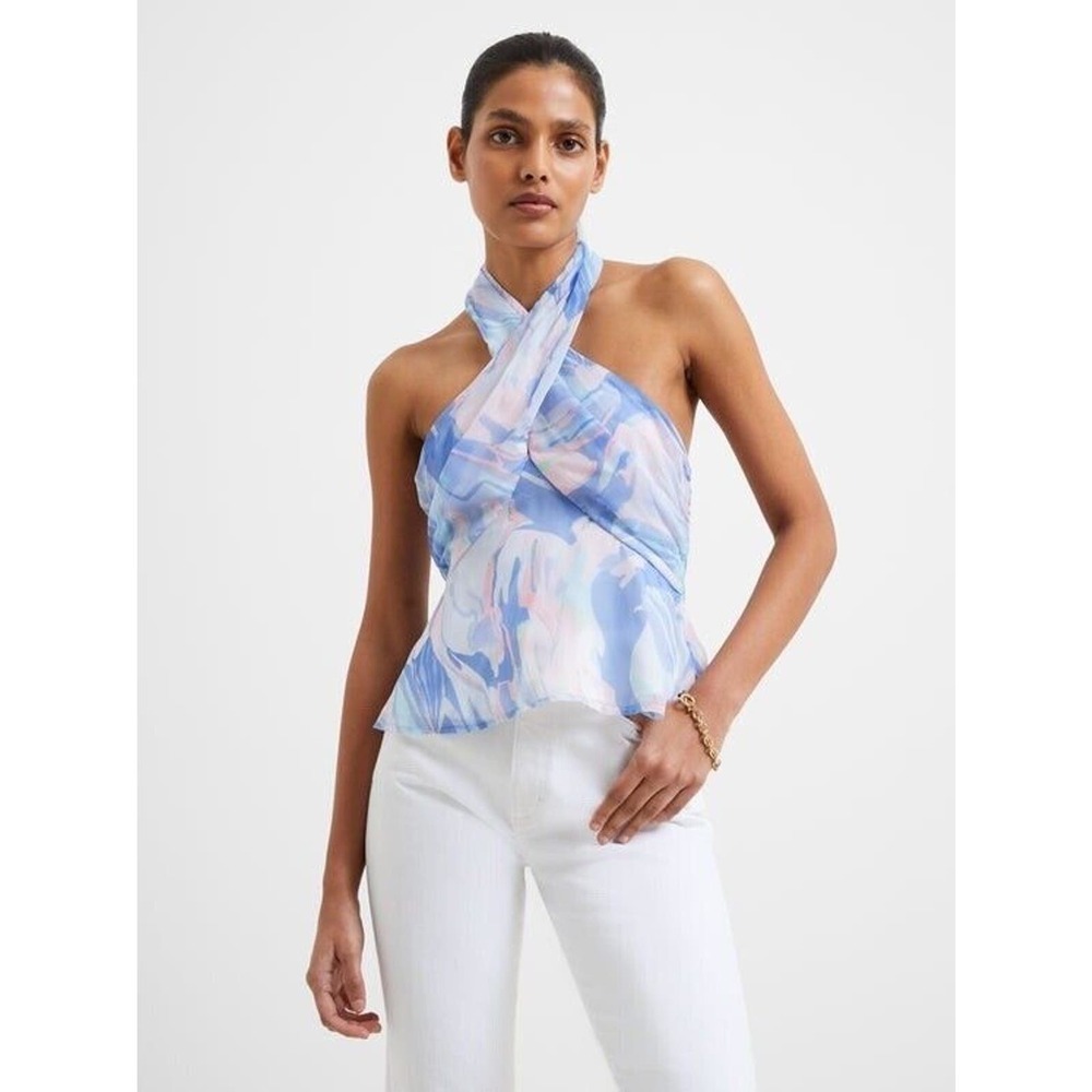 NEW French Connection Dalla Verona Crossneck Halter Blouse Top Women Blue Size 2